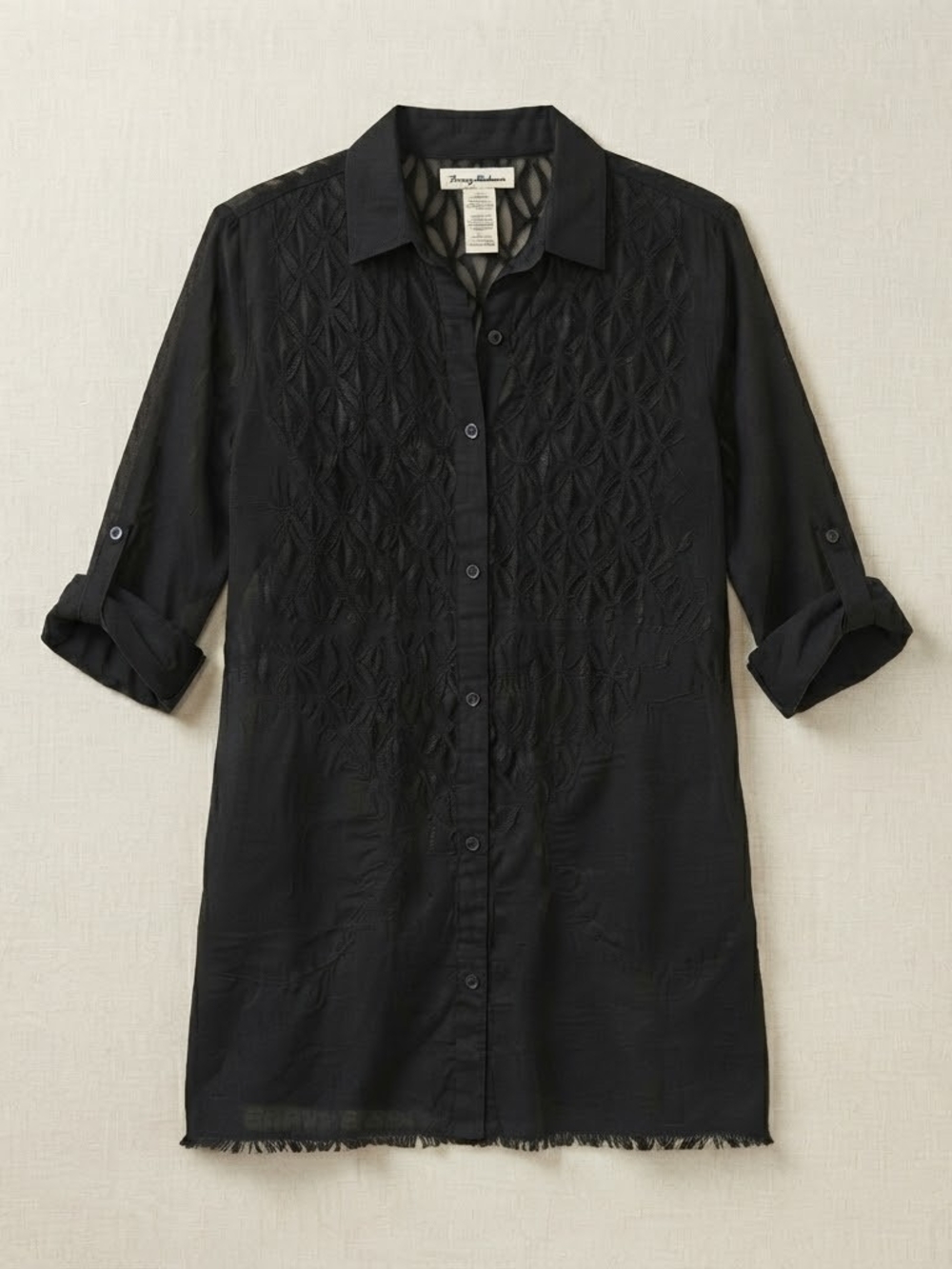 TommyBahama Black Cotton Clip Jacquard Boyfriend Shirt Jacket Dress with Pockets